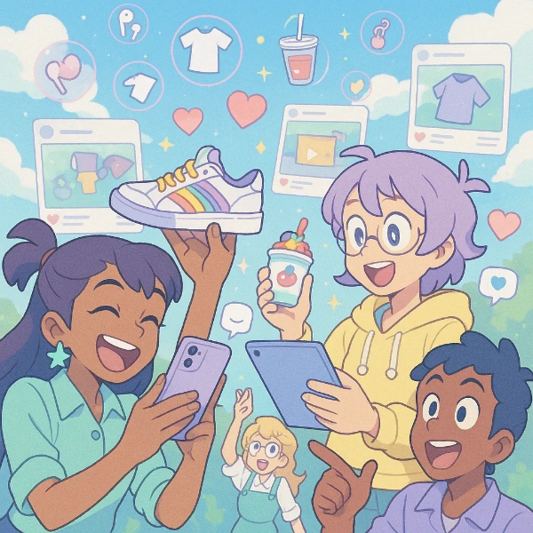 MZ세대의 디지털 소비 문화를 표현한 일러스트. 스마트폰과 SNS를 통해 패션, 음식, 취향을 공유하며 즐거워하는 모습