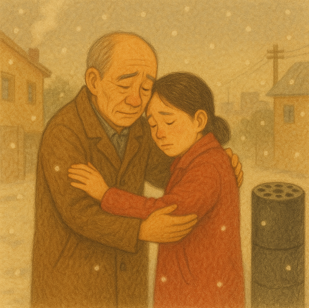 눈 내리는 골목길에서 따뜻한 이별의 순간을 나누는 두 인물의 포옹