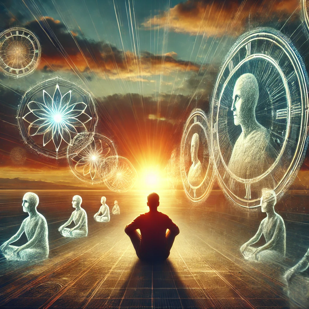 한 사람이 석양 아래 깊은 묵상에 잠겨 있으며, 주위를 과거와 미래의 희미한 장면들이 떠다니는 듯한 모습으로 표현되었습니다. 이는 끝을 반복해서 회상하며 오늘을 살아가는 훈련을 시도하는 모습을 상징적으로 나타내고 있습니다. 이 그림이 말씀을 묵상하는 데 도움이 되기를 바랍니다. 🙏✨