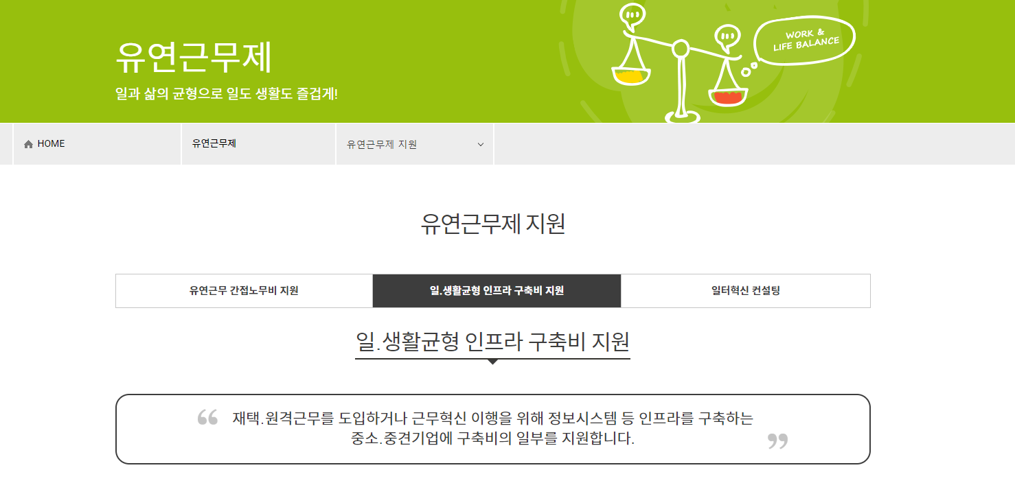 유연근무제 정부 지원, 유연근무 정책, 유연근무제 인프라 지원, 일생활균형 인프라, 유연근무제 지원 제도