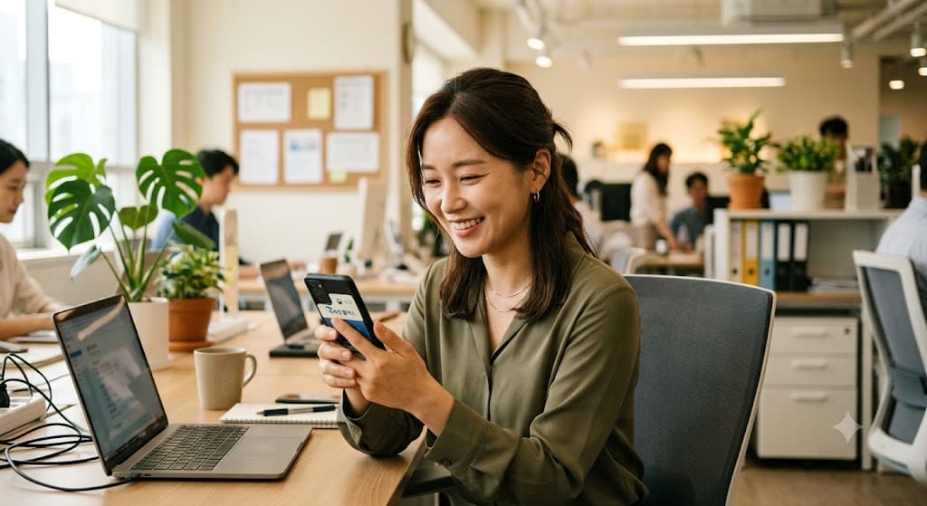 스마트폰으로 홈택스 앱을 확인하며 미소 짓는 30대 직장인, 밝고 따뜻한 사무실 배경 사진