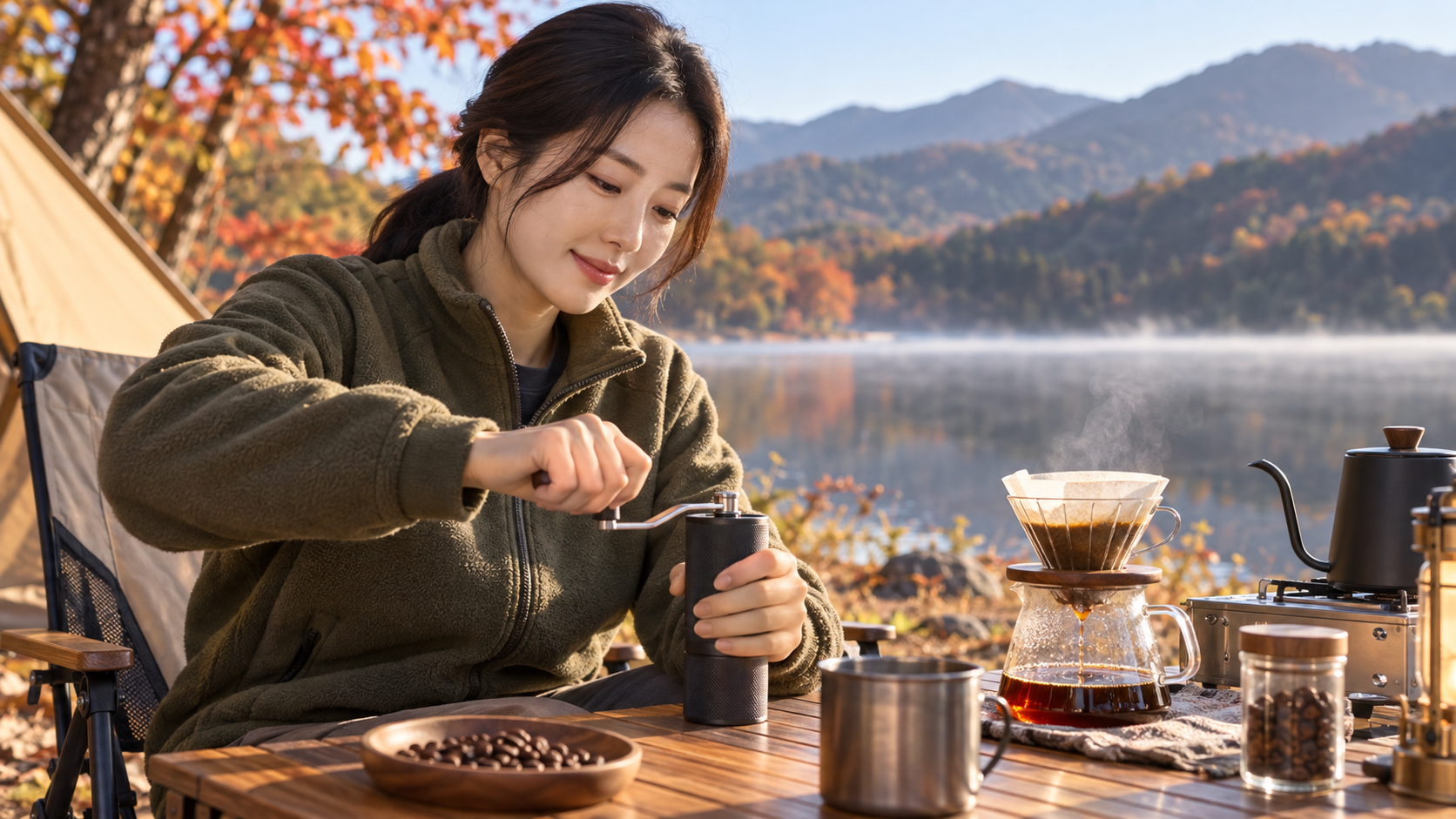 가을 캠핑 테이블에서 수동 커피 그라인더를 돌리는 성인 한국인 여성 AI 콘셉트 이미지