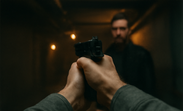 1인칭 시점으로 상대방에게 총을 겨누고 있는 모습