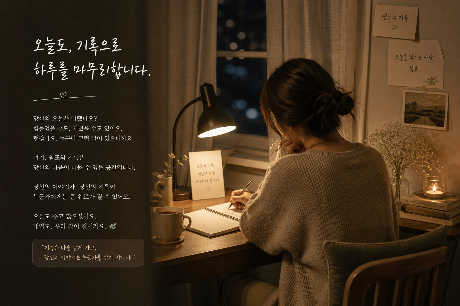 따뜻한 조명 아래 책상에 앉아 노트에 하루를 기록하는 사람의 뒷모습, 조용한 밤의 마무리 순간