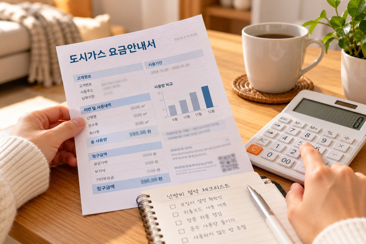 가스 사용량과 요금을 비교하는 개념 장면