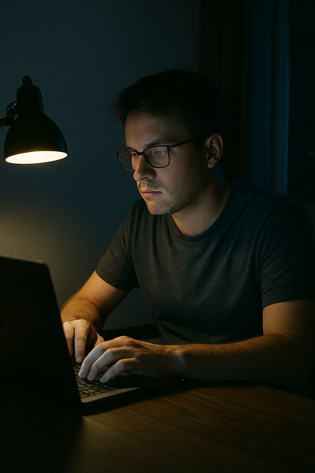 밤늦게 컴퓨터 앞에 앉아 있는 사람