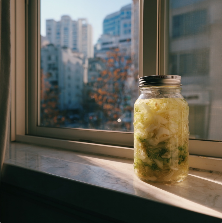 동치미를 용기에 넣어 익히는 모습