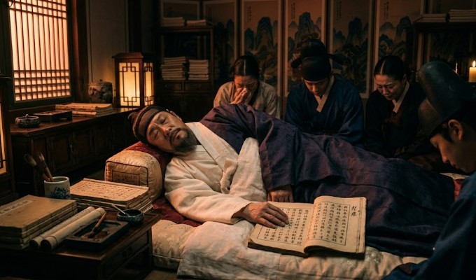 세종대왕의 동별궁에서의 마지막 순간. 창문으로 들어오는 지는 해의 붉은 햇살과 그의 마지막 유산인 훈민정음을 침상에 둔 채 조용히 숨을 거두는 모습