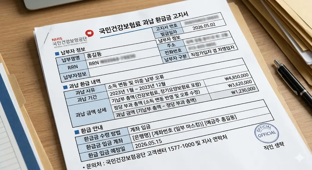 직장인과 자영업자의 소득 변동 및 이중 납부 오류로 인해 발생한 국민건강보험료 과납 환급금 고지서 내역