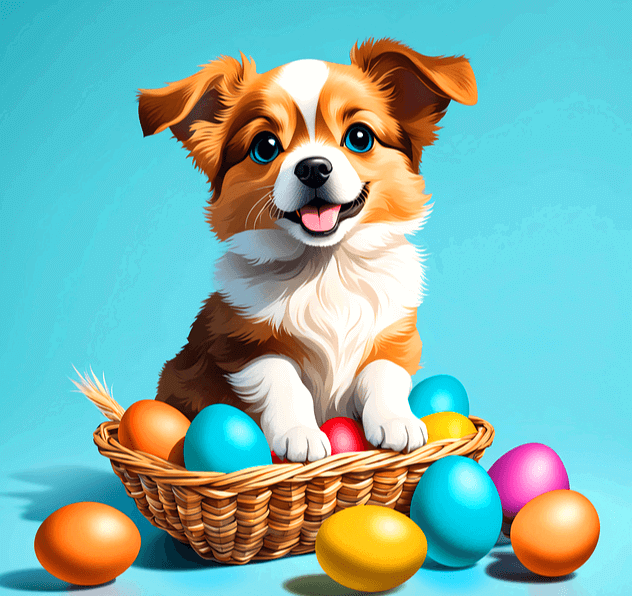 갈색 개가 색칠한 달걀을 담은 바구니에 발을 얹고 앉아서 웃고 있다.
