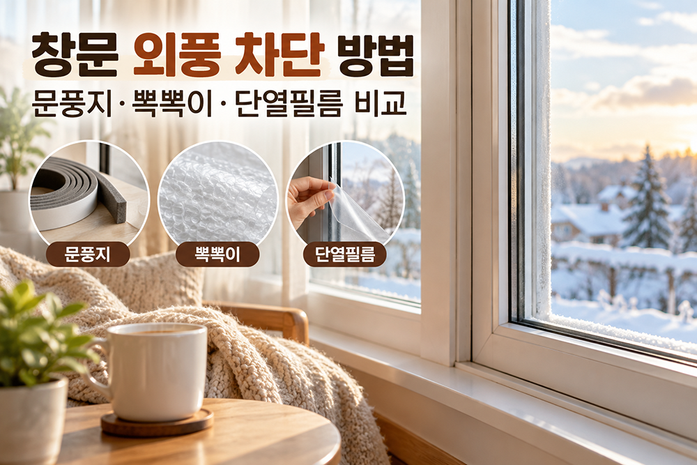 겨울철 창문 외풍 차단 방법과 문풍지, 뽁뽁이, 단열필름을 비교한 썸네일 이미지