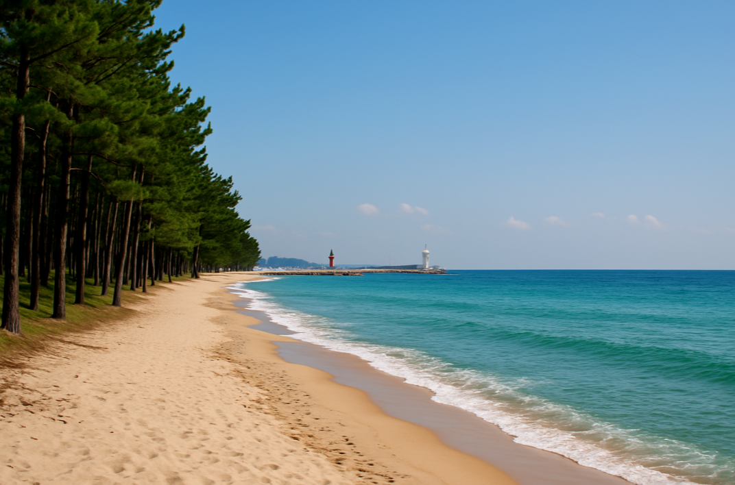 강릉 경포대 해변과 소나무 숲이 어우러진 풍경, 1박 2일 바다 여행지로 인기