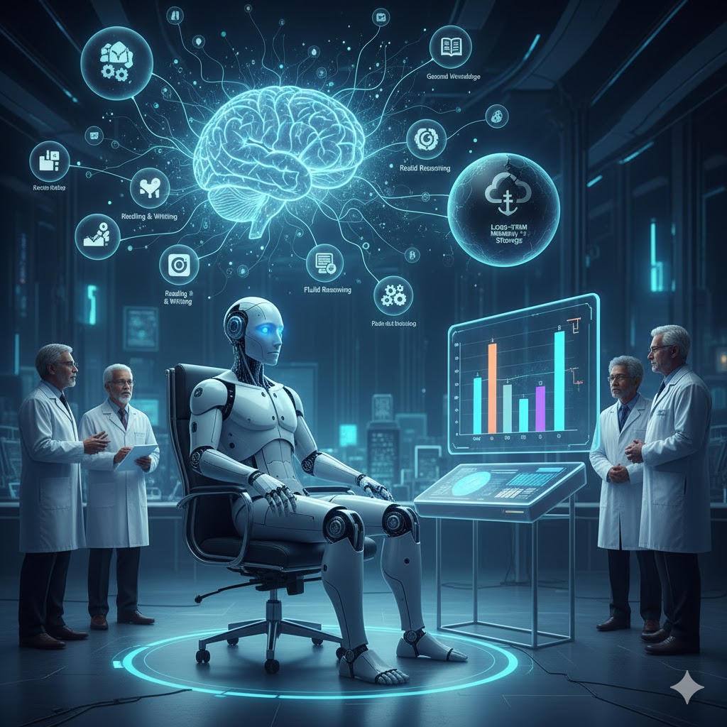 미래형 실험실에서 과학자들이 중앙 의자에 앉아 있는 휴머노이드 로봇을 평가하는 모습이에요. 로봇의 머리 위에는 빛나는 디지털 뇌 홀로그램이 떠 있고, 그 주위로 지식, 추론, 시각 처리 등 다양한 인지 능력을 상징하는 아이콘들이 연결되어 있어요. 로봇 옆의 대형 투명 스크린에는 막대그래프가 표시되어 있는데, 여러 능력치는 높지만 유독 장기 기억 능력을 나타내는 막대그래프만 0에 머물러 있는 것이 보여요.