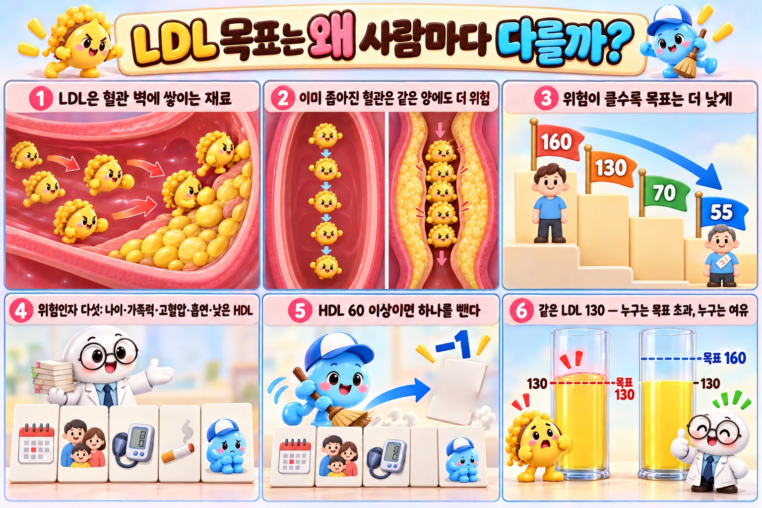 LDL 목표가 위험군에 따라 왜 다른지 6칸으로 그린 설명 만화