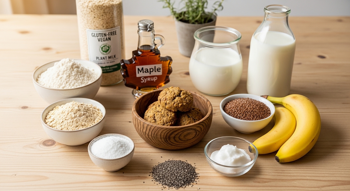 다양한 글루텐 프리 비건 베이킹 재료(오트 가루, 아몬드 가루, 아마씨, 잘 익은 바나나, 식물성 우유 등)와 함께 테이블 위에 놓인 촉촉한 오트 바나나 머핀이 따뜻한 분위기를 연출하는 모습