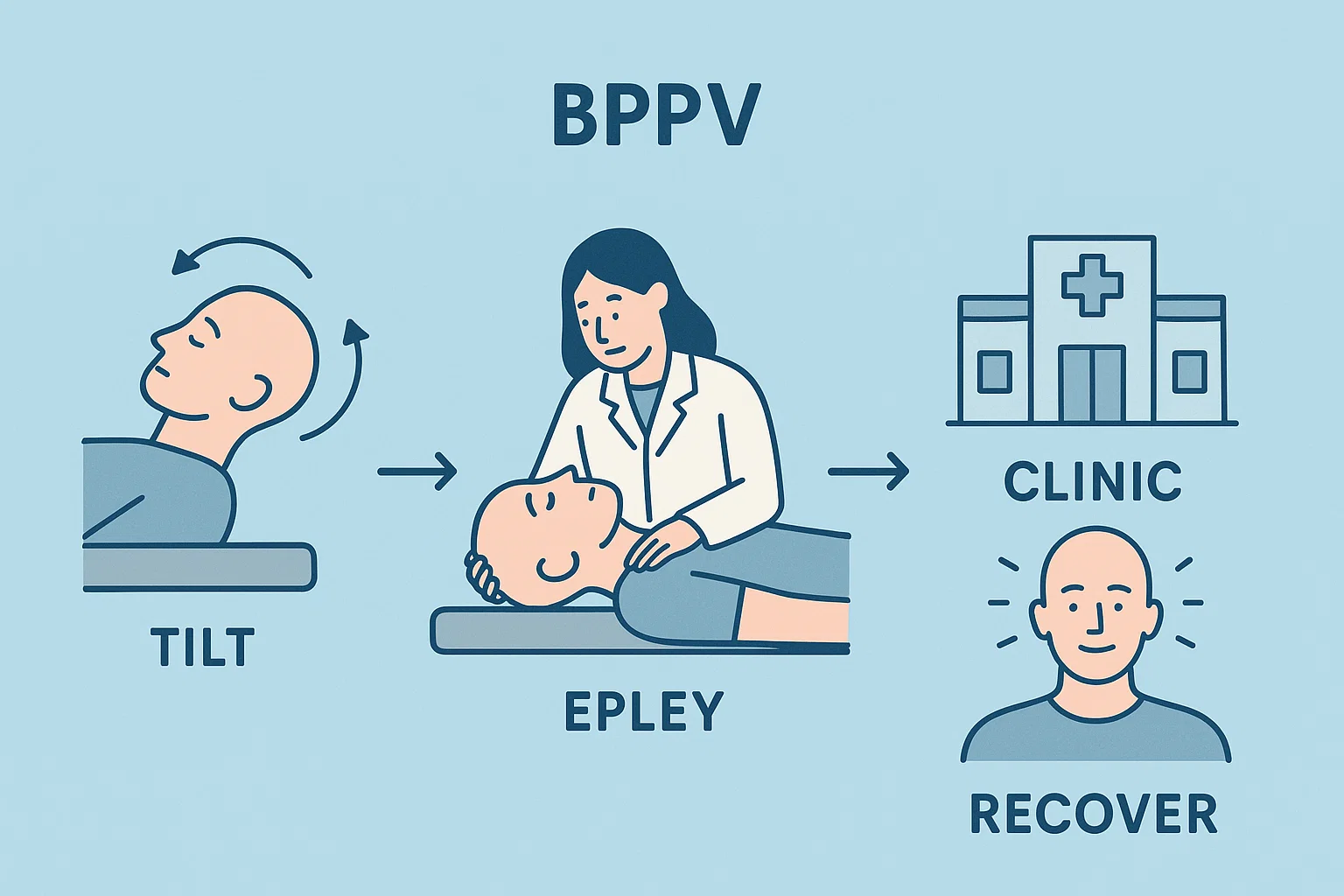 이석정복술(Epley) 치료와 병원 내 회복 과정을 순서대로 표현한 이미지