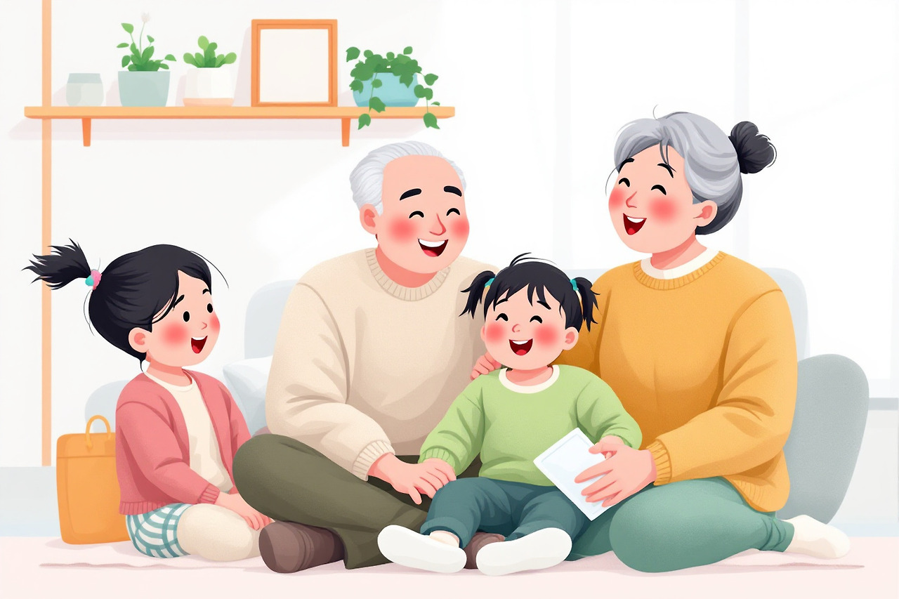 화목한 조부모와 손자들