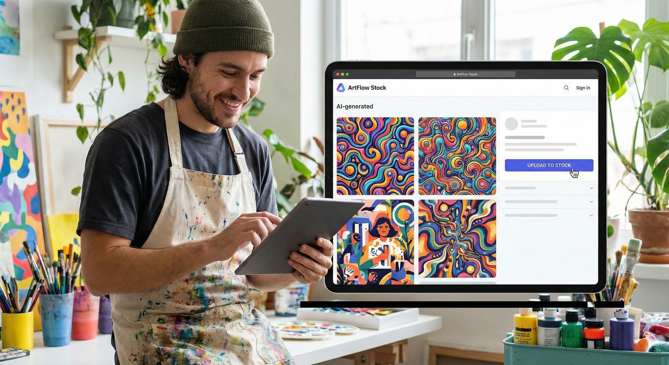 AI가 생성한 고화질 이미지를 스톡 사이트에 판매하여 저작권료를 얻는 디자인 부업