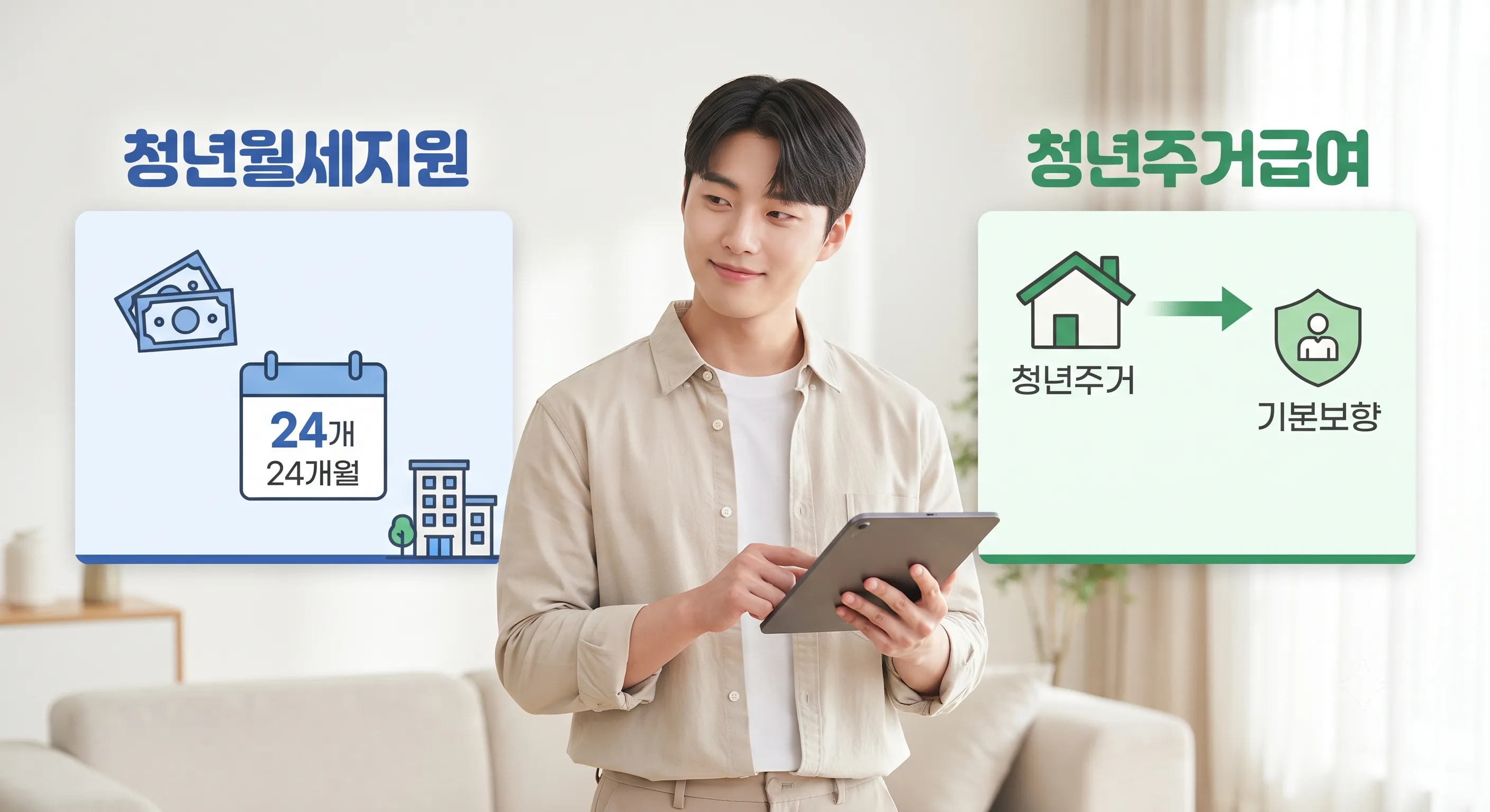 청년월세지원(24개월 지원, 현금 아이콘)과 청년주거급여(기본 보장 아이콘)를 비교하는 태블릿을 든 남성