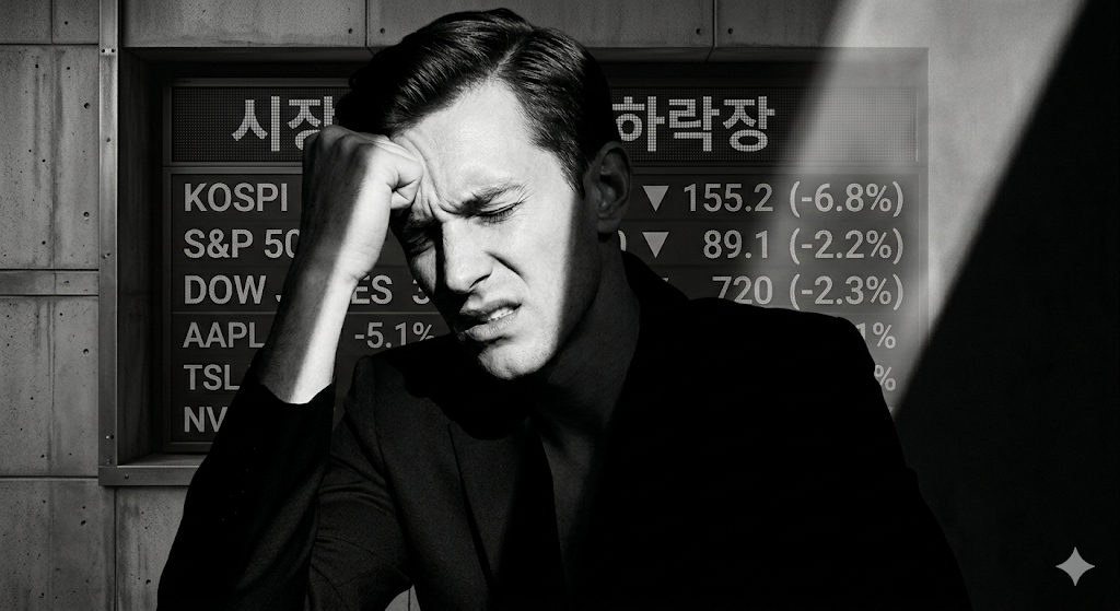 불확실한 증권하락장에 주식 변동을 걱정하는 사람의 모습