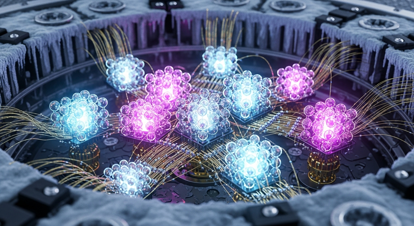 복잡한 큐비트 구조와 냉각 환경을 보여주는 미래형 양자 컴퓨터의 내부 모습.