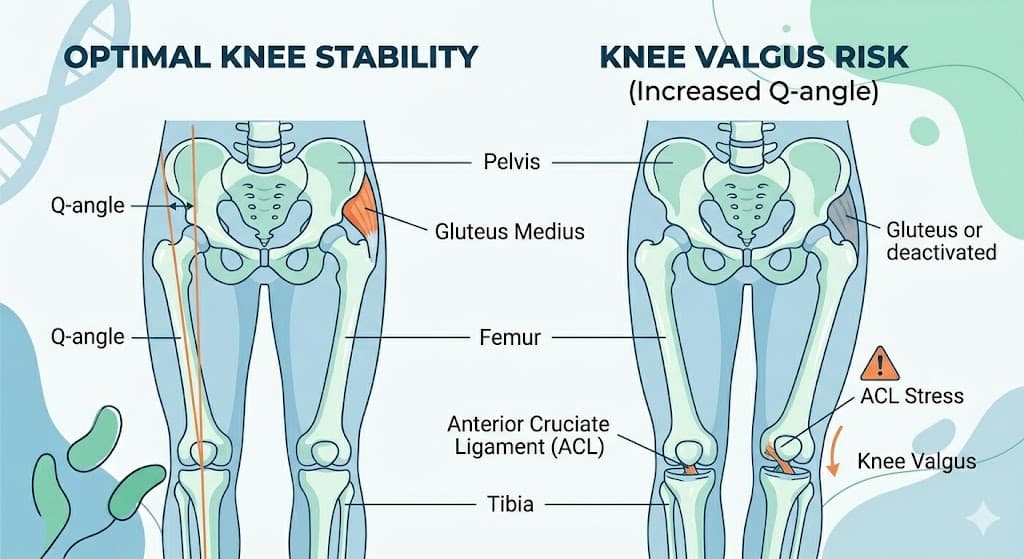 Q-angle 및 중둔근 약화가 무릎 관절염 및 인대 손상에 미치는 영향 인포그래픽