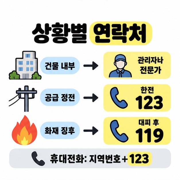 건물 내부는 관리자나 전문가, 공급 정전은 한전 123, 화재 징후는 대피 후 119로 연결하고 휴대전화는 지역번호+123이라고 안내한 이미지