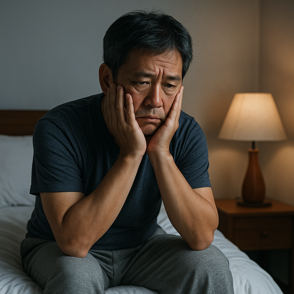 침대 가장자리에 앉아 고개를 숙이고 좌절한 듯한 표정을 짓고 있는 50대 한국 남성의 실사 사진. 방 안은 따뜻한 조명으로 어둑하게 비춰지고, 배경에는 정돈된 침구가 보이며 중년 남성의 피로감과 심리적 부담을 표현한 이미지.
