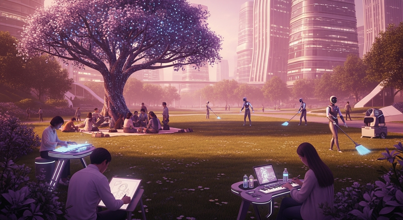 AGI와 기본소득이 실현된 미래 도시에서 단순 노동에서 해방된 사람들이 예술과 여가 활동을 즐기며 평화롭게 살아가는 유토피아적 풍경