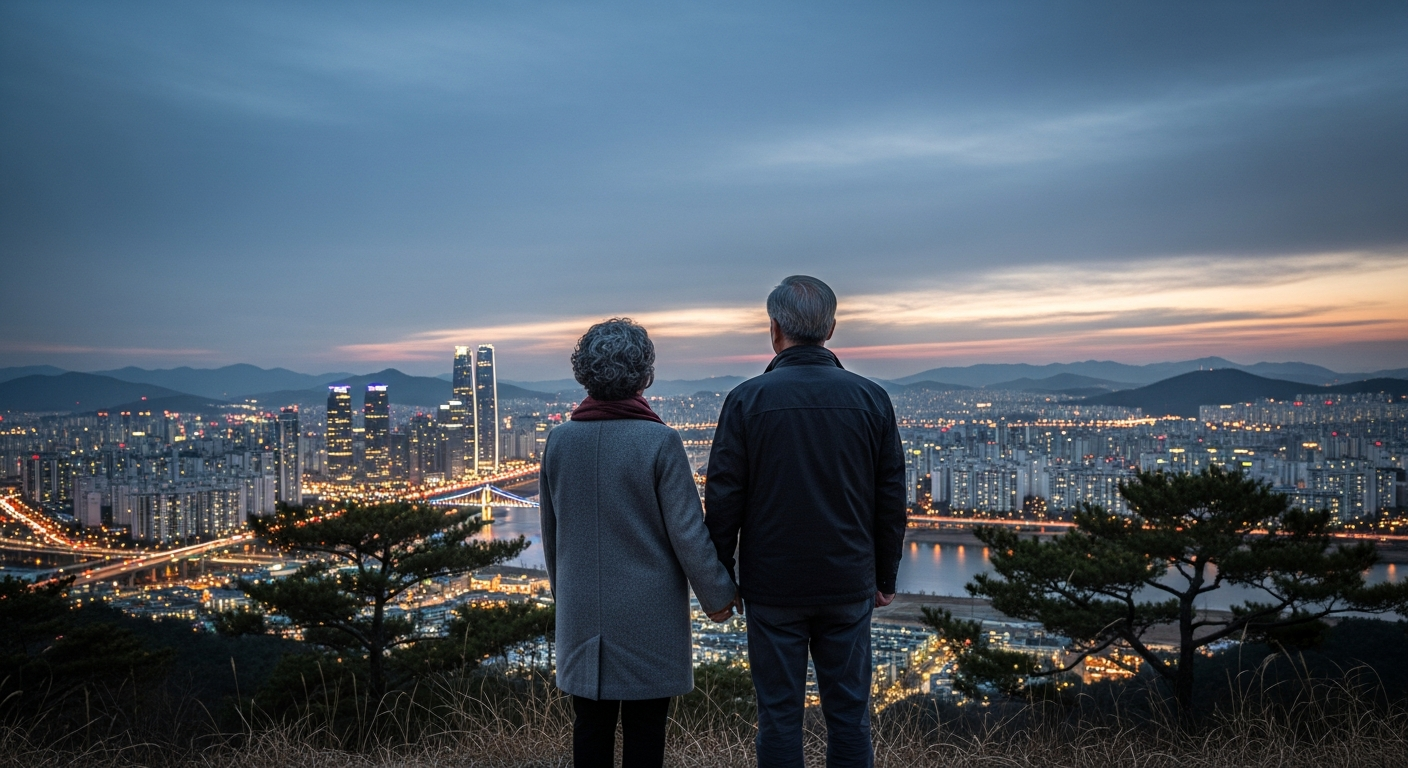 파킹통장으로 시작된 든든한 노후 계획서를 보며 만족스럽게 미소 짓는 노부부