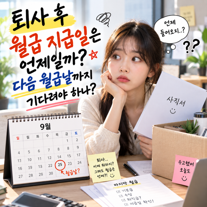 퇴사 후 월급 지급일과 다음 월급날을 확인하며 마지막 월급을 언제 받을 수 있는지 궁금해하는 직장인 이미지