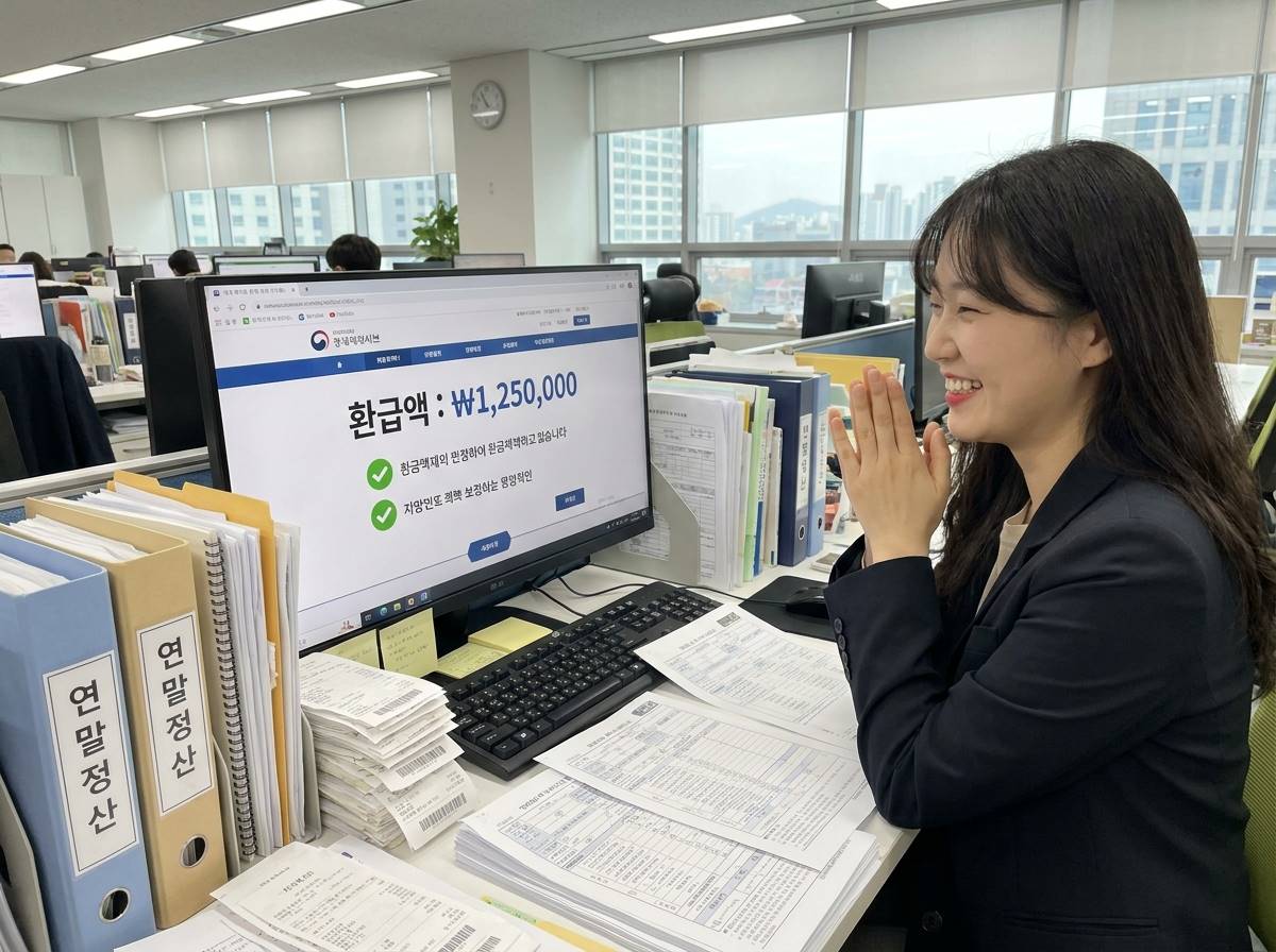 연말정산 서류 더미 사이에서 환급금이 적힌 모니터를 보며 환하게 웃고 있는 직장인의 모습