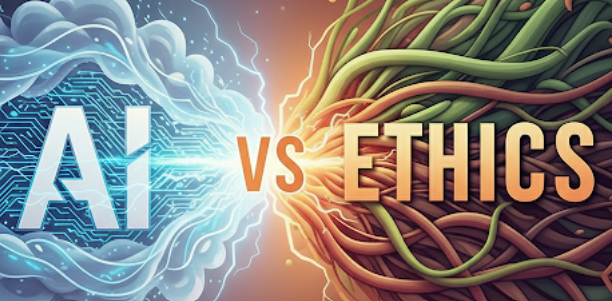 AI와 윤리의 충돌 논란을 이미지로 표현.