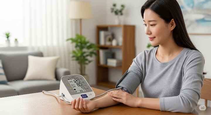 집에서 올바른 자세로 혈압을 측정하는 여성의 모습
