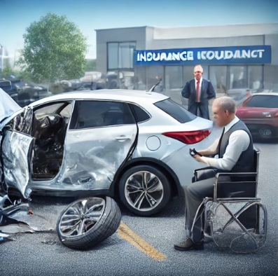 차사고가 난 현장. 차 가 부서져있다.