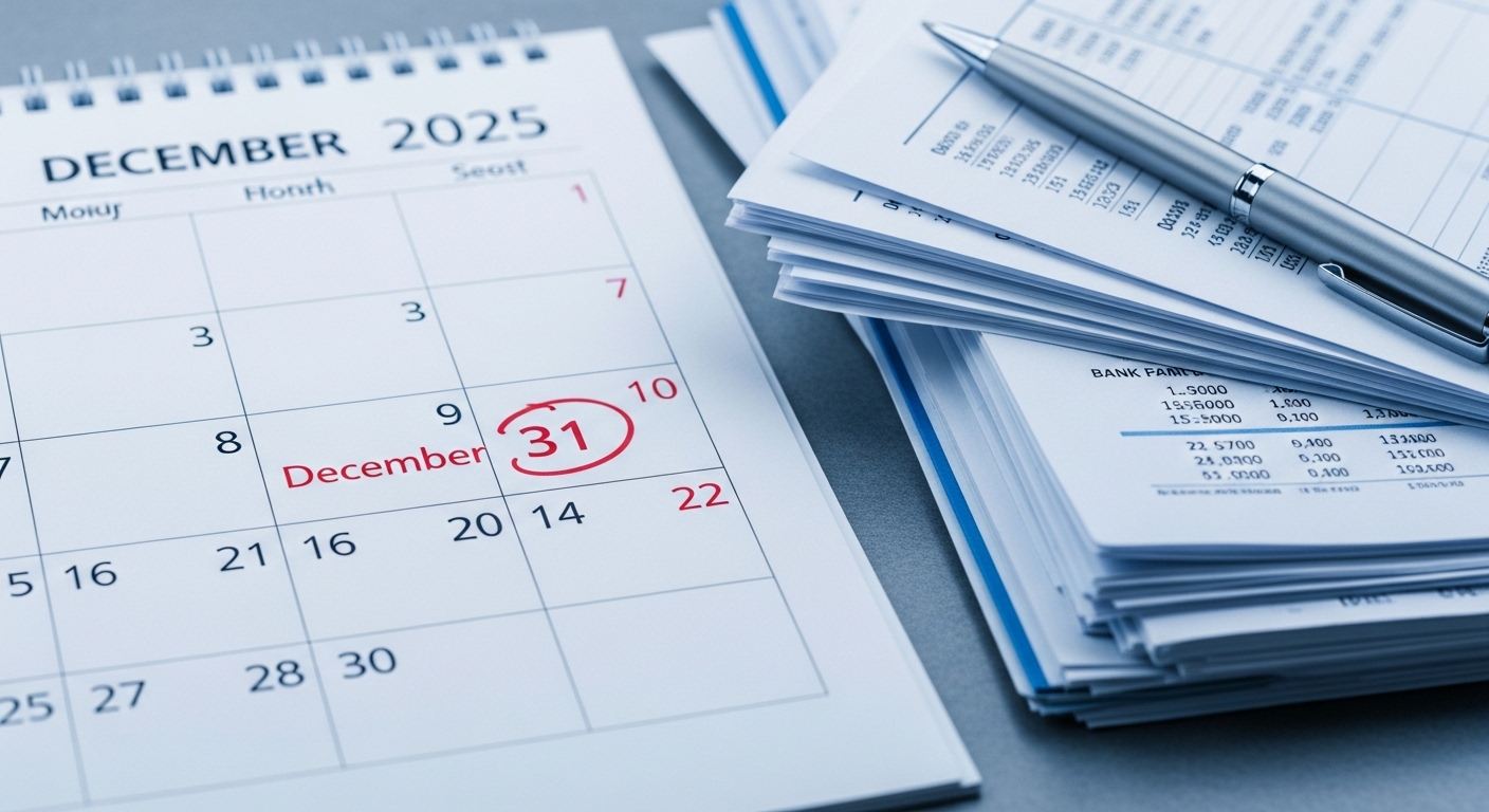 2025년 12월 31일이 표시된 달력과 연말정산 서류들, 연말정산 준비의 중요성을 나타냅니다.