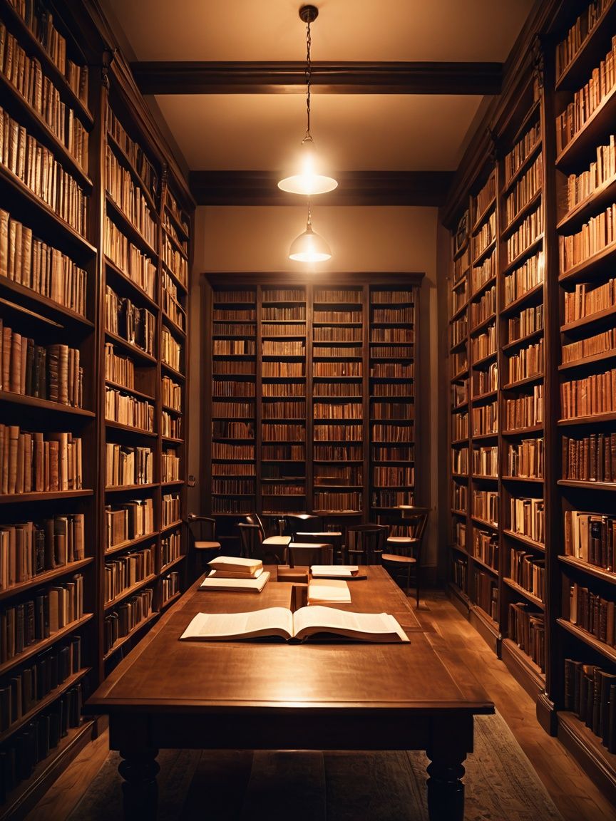 전등이 켜져 있는 도서관 서재