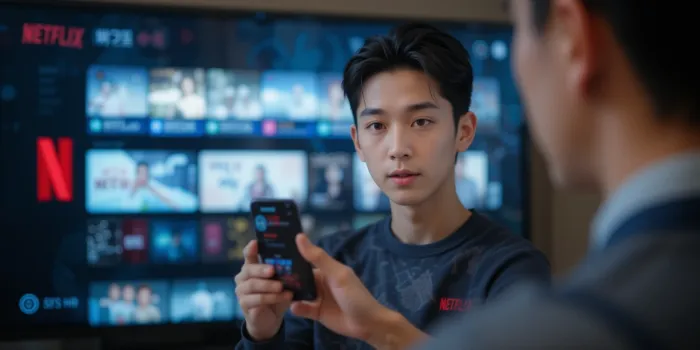 스마트폰으로 넷플릭스 요금제 절약 방법을 설명하는 남성의 이미지