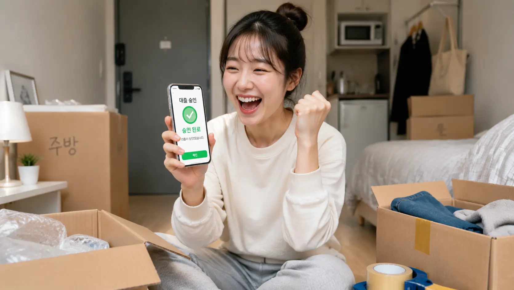 원룸 안에서 이삿짐을 싸다 말고 스마트폰 화면의 초록색 대출 승인 마크를 보며 크게 안도하는 20대 여성
