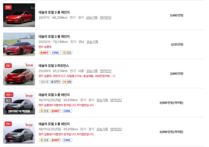 테슬라 모델3 중고차 가격 시세표 유지비