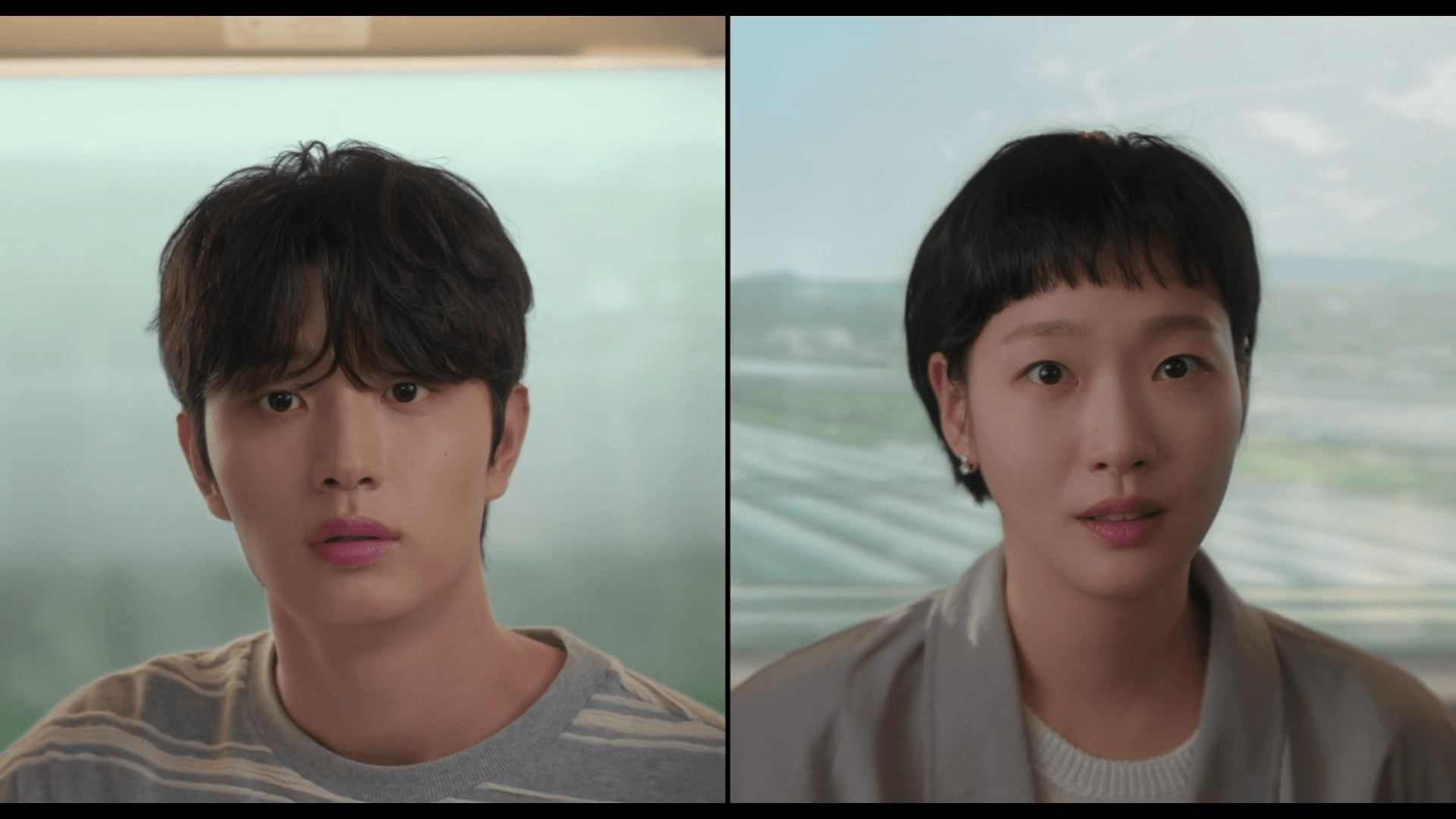 tvn 티빙 드라마 유미의 세포들3 3화에서 기차 안 대화를 나누는 김고은과 안경 벗은 김재원의 모습