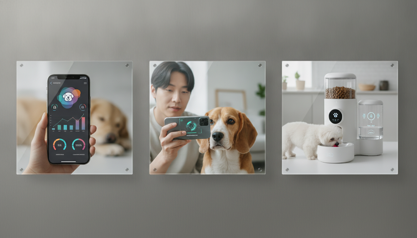 강아지 건강 관리 앱 화면, 스마트폰으로 반려견 건강 스캔, 스마트 급수기/급식기 등 펫테크 3단 세트 이미지