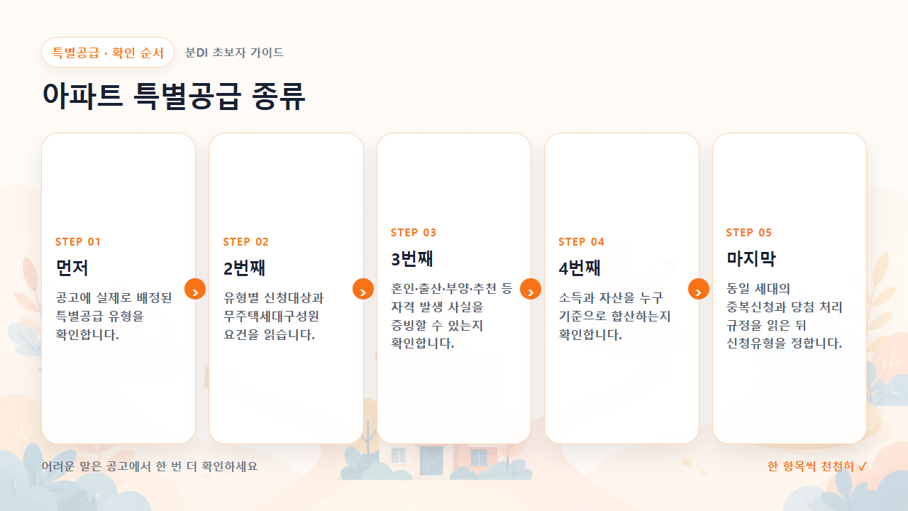 아파트 특별공급 종류 확인 순서를 다섯 단계로 보여주는 흐름도
