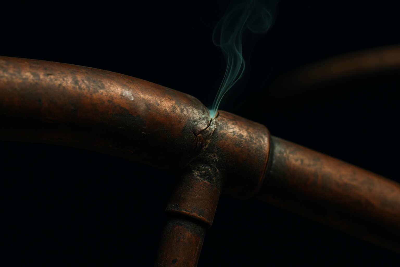 에어컨 배관에서 냉매 가스가 미세하게 누설되는 것을 표현한 이미지