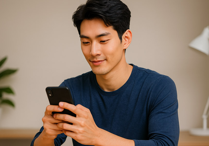 스마트폰 은행 앱으로 저축하는 청년 모습, 청년미래적금 가입 이미지