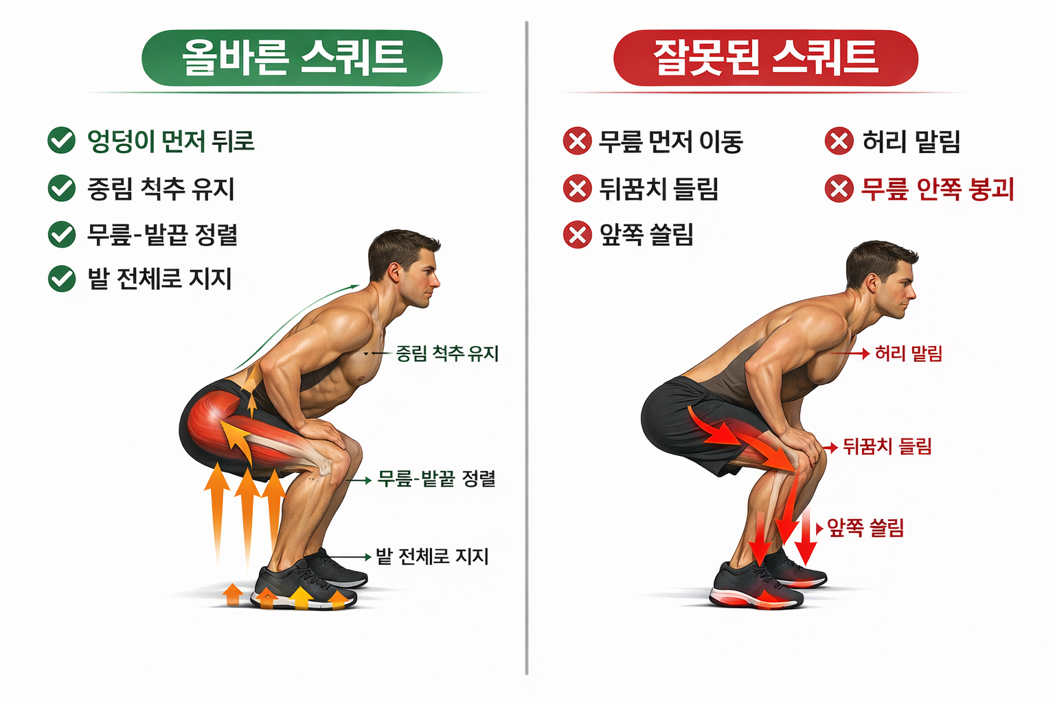 엉덩이가 먼저 뒤로 이동하고 고관절이 접히며 발 전체로 지지되는 올바른 스쿼트 자세