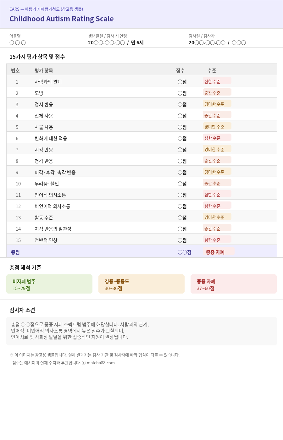 CARS 검사지 참고용 샘플 이미지