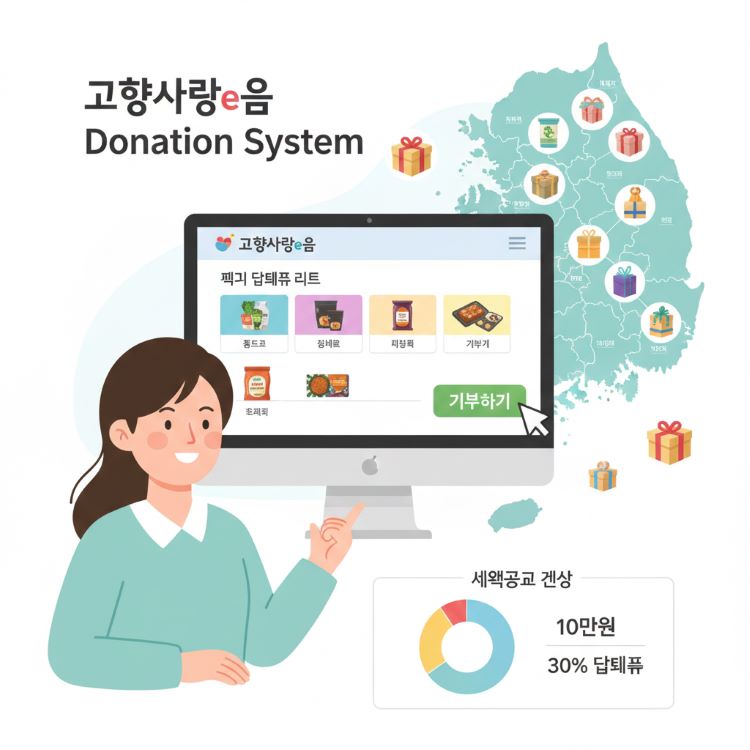 "고향사랑기부제 참여 방법 안내 일러스트: 컴퓨터 화면에서 ‘고향사랑e음’ 사이트에 접속한 사용자가 인기 답례품 리스트를 보고 기부 버튼을 클릭하는 모습. 배경에 전국 지자체 지도 아이콘과 선물 박스, 세액공제 계산 그래프 포함. 밝고 친근한 파스텔 톤 2D 스타일."