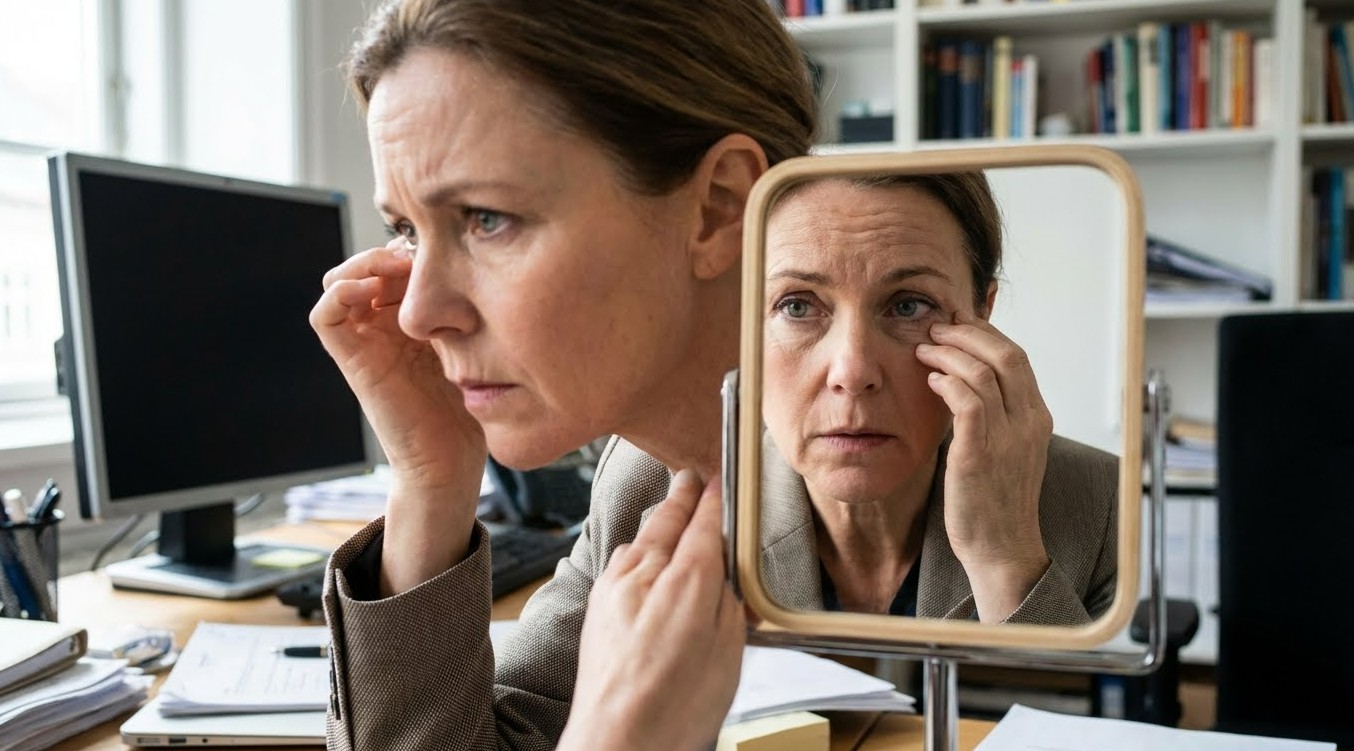 걱정스러운 표정으로 눈 밑 떨림을 느끼며 거울을 보고 있는 직장인 여성의 모습