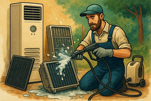 전문가가 스탠드형 에어컨을 완전히 분해하여 고압세척기로 내부의 오염을 제거하는 모습, 각각 다른 그림체로 구성된 캐릭터, 장비, 배경이 조화를 이루는 장면